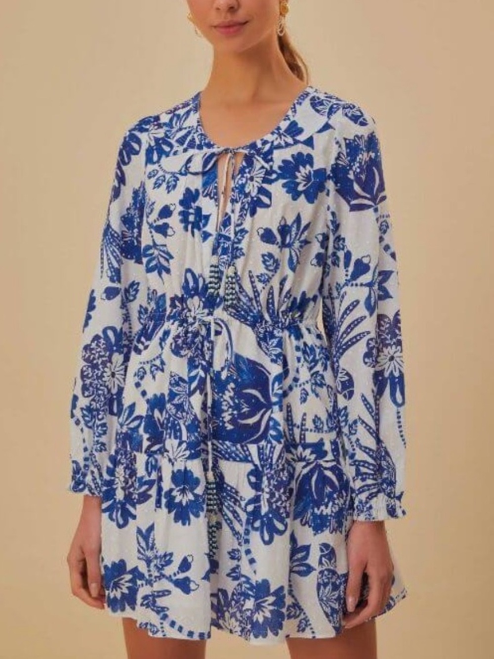 Farm Rio “flowerful birds” print long sleeve cotton minidress